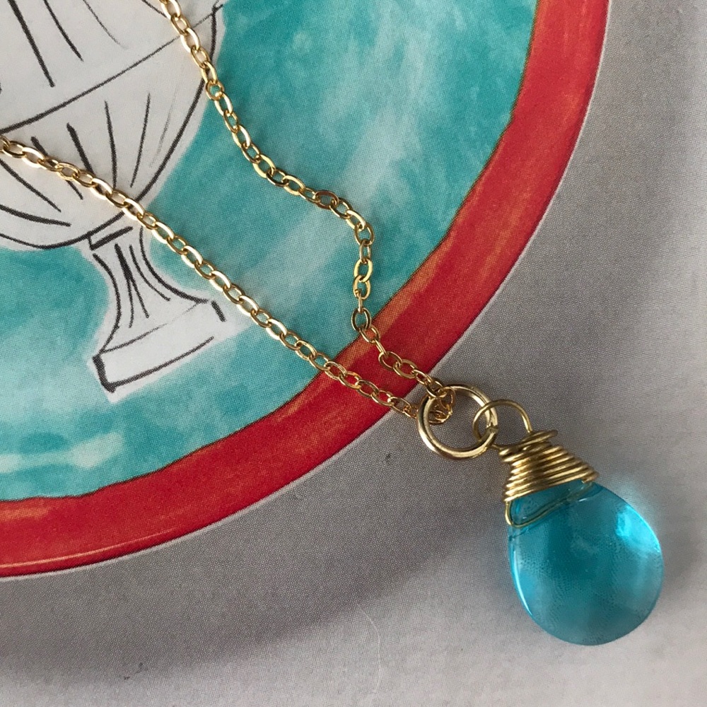 Gold-Wrapped Aquamarine Blue Stone Necklace